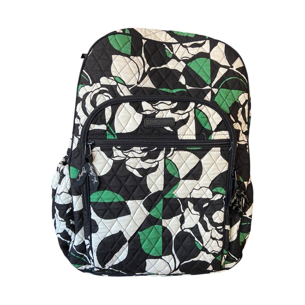 Vera Bradley Quilted Backpack – Black, White & Green Floral Print